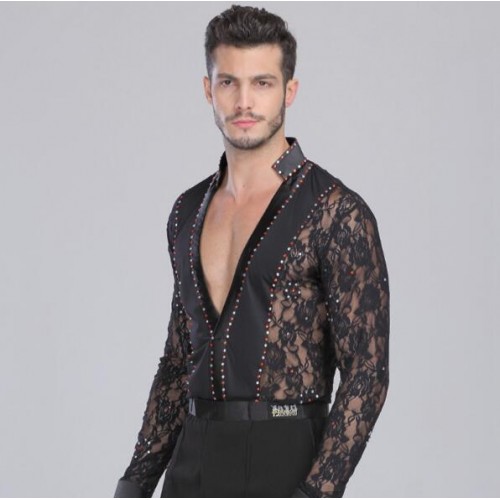  Black white lace competition rhinestones Waltz Latin Dance Top Men Latin Dance Shirts Men Ballroom Dance Shirts